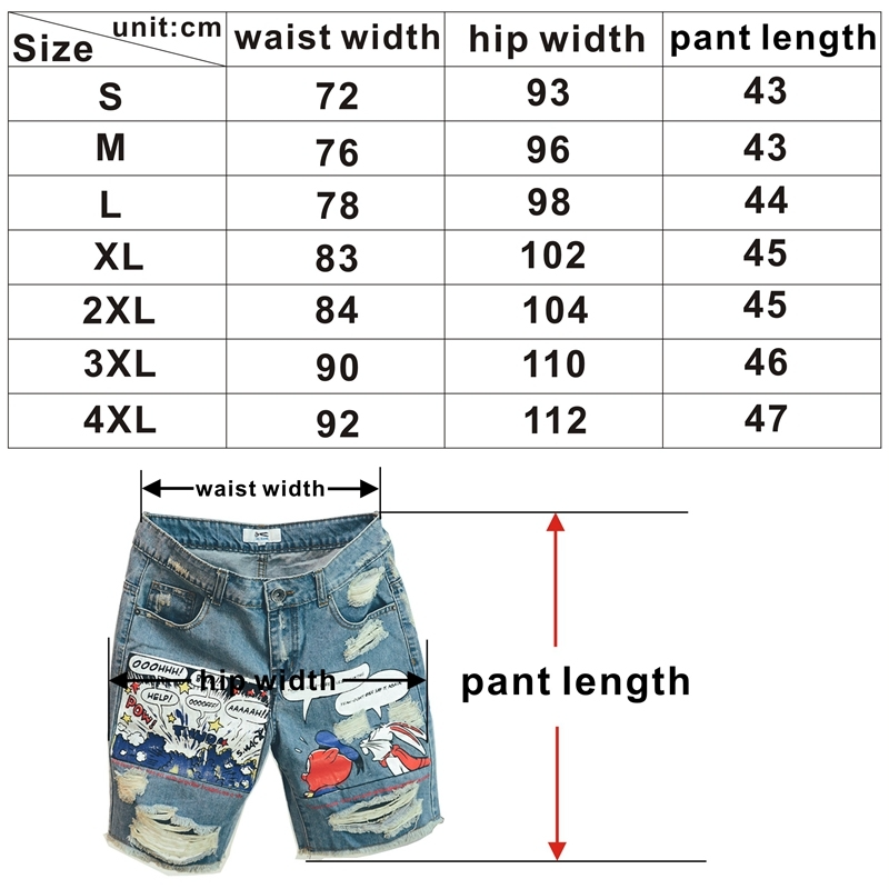 Mens Jeans Print Light Jean Shorts Men Ulzzang Summer Pattern Length Zipper Fly Stonewashed