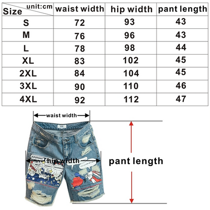 Mens Jeans Print Light Jean Shorts Men Ulzzang Summer Pattern Length Zipper Fly Stonewashed