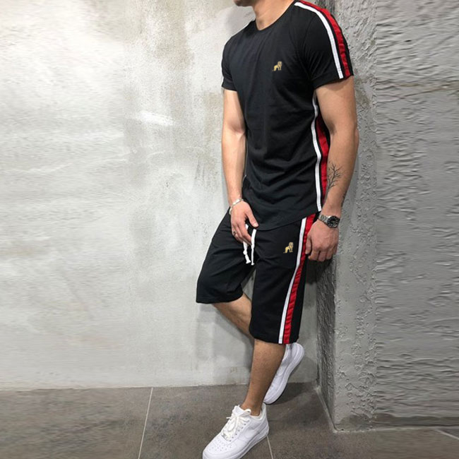 Men Striped Patchwork Short-sleeve T-shirt And Hip Hop Sports Shorts Two-piece Sets