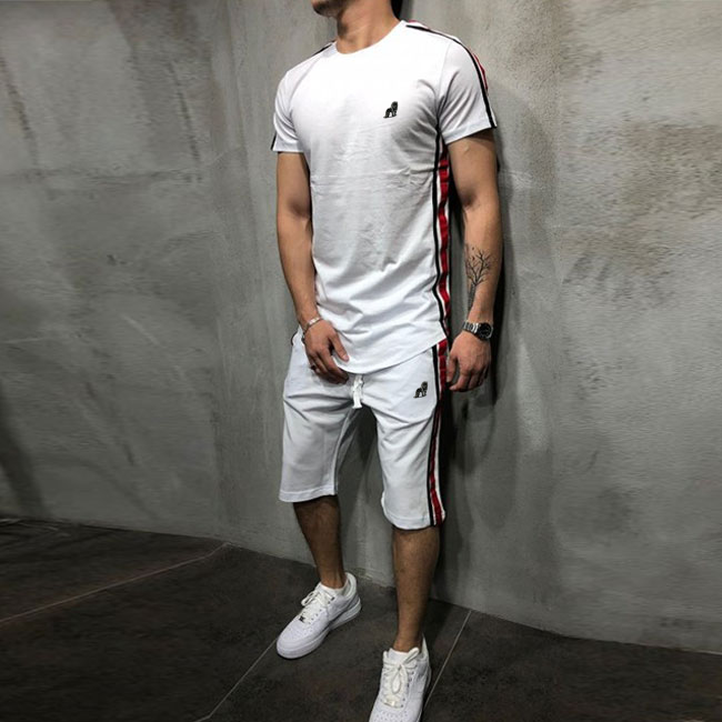 Men Striped Patchwork Short-sleeve T-shirt And Hip Hop Sports Shorts Two-piece Sets