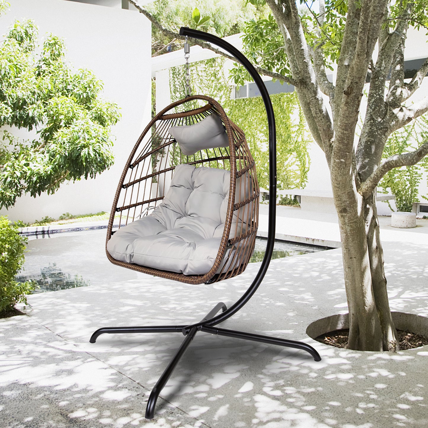 Swing Egg Chair With Stand Indoor Outdoor Wicker Rattan Patio Basket Hanging Chair With C Type Bracket , With Cushion And Pillow,Ban Amazon, Homedepot, Walmart, Lowes