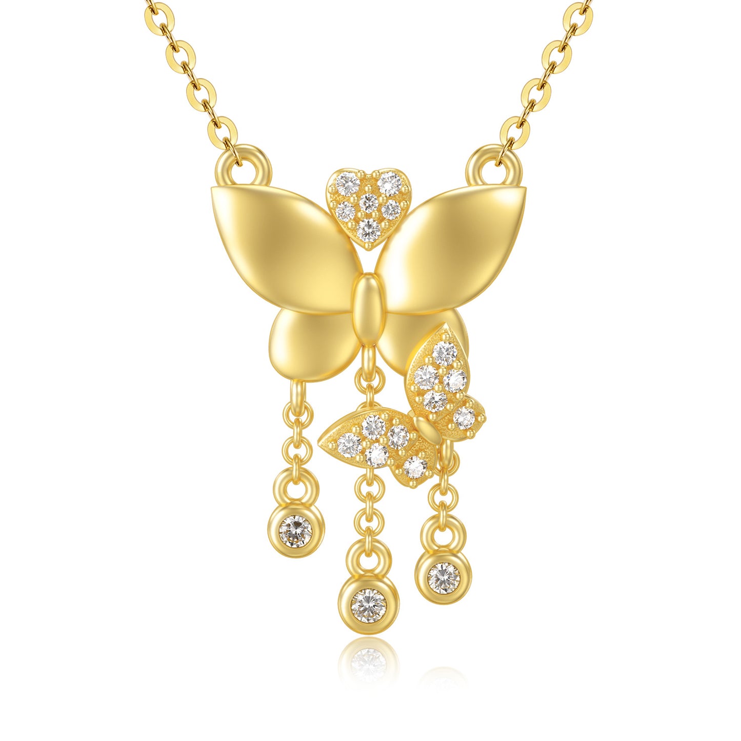 14k Solid Yellow Gold Textured Two Butterfly Pendant with Moissanite Necklace