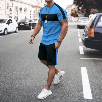 Men Fashion Round Neck 3D Printing Round Neck Large Size T-Shirt And Shorts Two-Piece Set