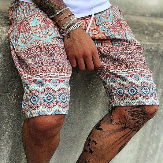 Men Casual Retro Print Straight Loose Beach Shorts