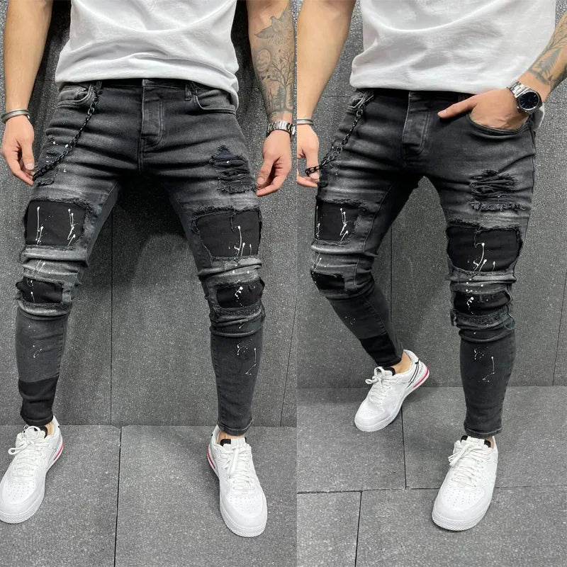 Men Casual Ripped Patch Print Jeans