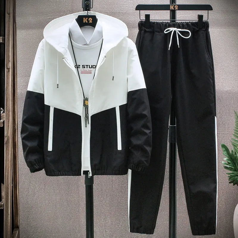 Men Plus Size Casual Long Sleeve Hat Rope Pocket Design Color Blocking Zipper Hoodie And Drawstring Waist Jogger Pants Two-Piece Set