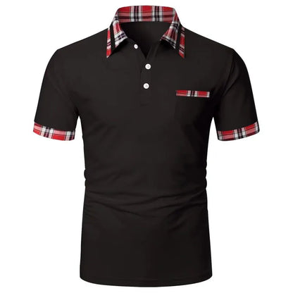 Men Casual Basic Color-Block Plaid Short-Sleeved Polo Shirt