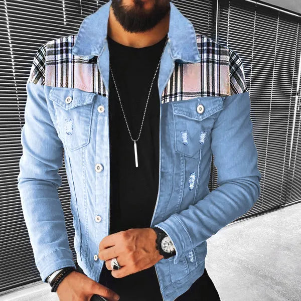 Men's Casual Multi-Pocket Color-Block Stitching Denim Jacket