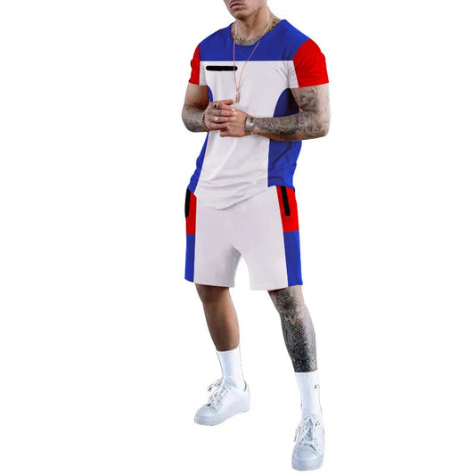 Men Casual Sports Round Neck Short-Sleeved Color Matching T-Shirt Shorts Two-Piece Set