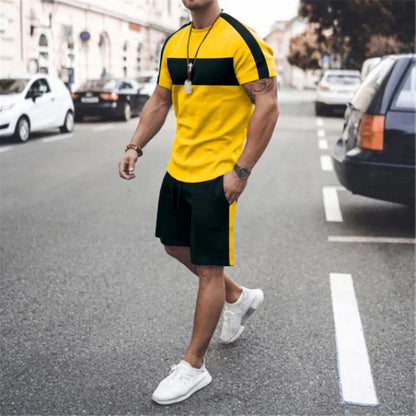 Men Fashion Round Neck 3D Printing Round Neck Large Size T-Shirt And Shorts Two-Piece Set