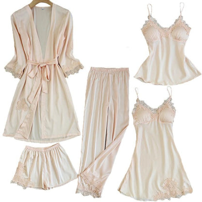 Satin Lace 5pcs Pajamas Set