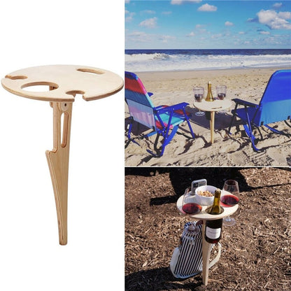 Mini Wooden Picnic  Wine Table with Foldable Round Desktop