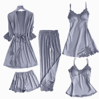 Satin Lace 5pcs Pajamas Set