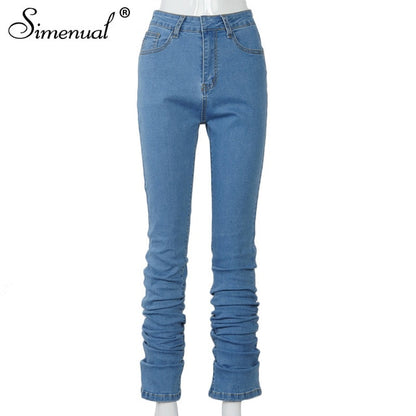 Simenual Ruched Denim Blue High Wait Stacked Pants Autumn 2021 Women Clothing Streetwear Jeans Fashion Skinny Pockets Trousers