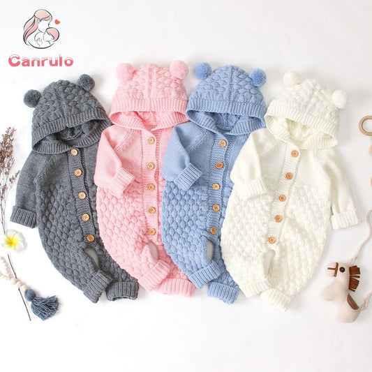 2020 Autumn Winter Newborn Sweater Baby Boy Girl Clothes Romper Bear Ear Knit Hooded Jumpsuit Outfit Clothing