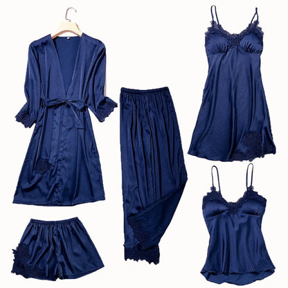 Satin Lace 5pcs Pajamas Set